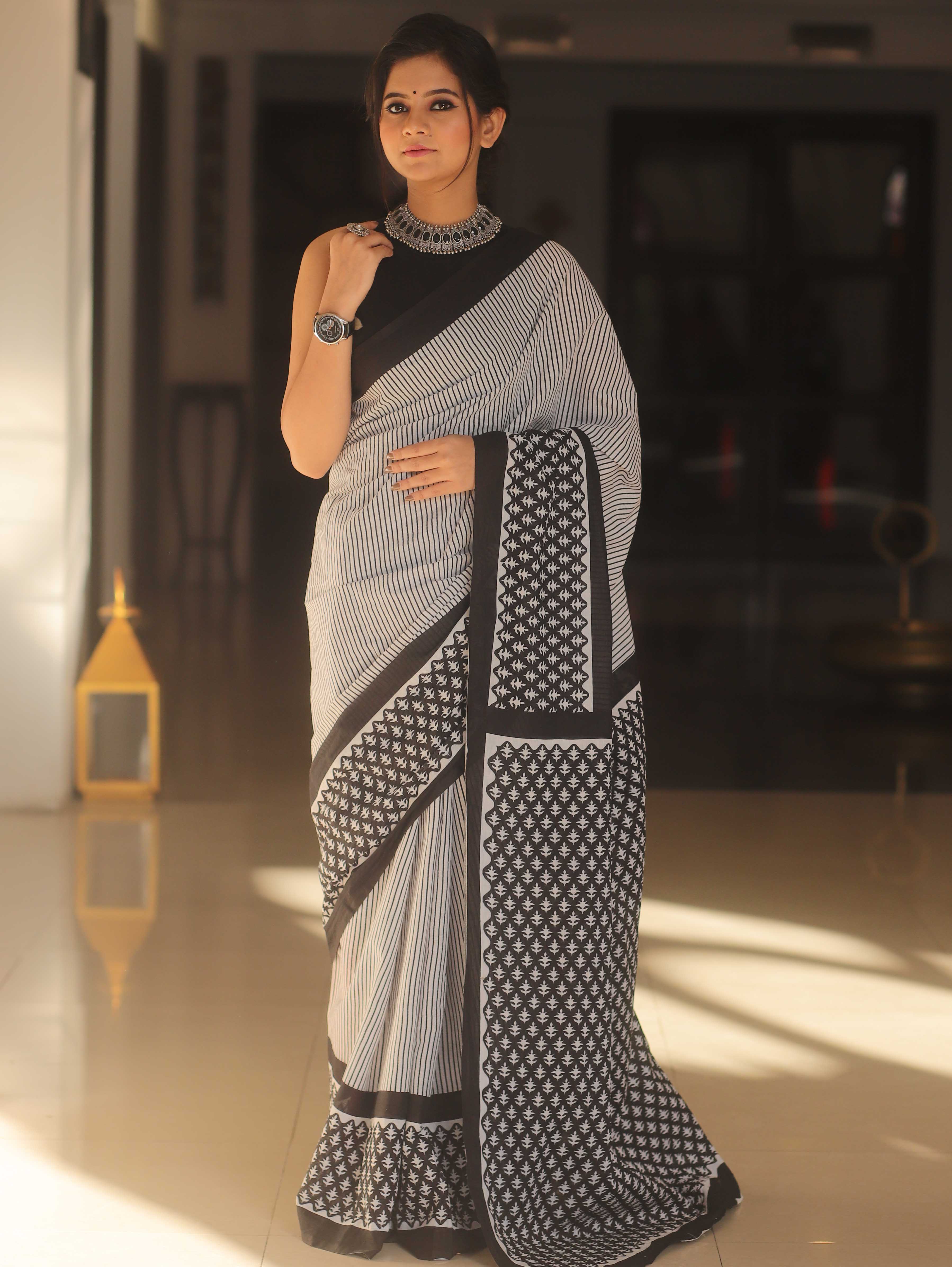 Handloom Mul Cotton Hand-Block Print Saree-Black & White