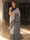 Handloom Mul Cotton Hand-Block Print Saree-Black & White