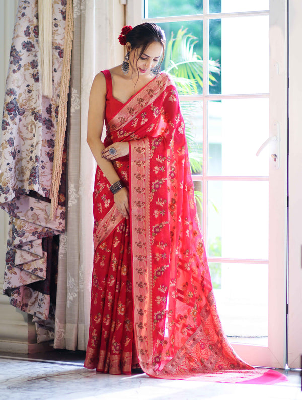 Banarasee Handloom Pure Chiffon Saree With Resham Work-Cherry Red