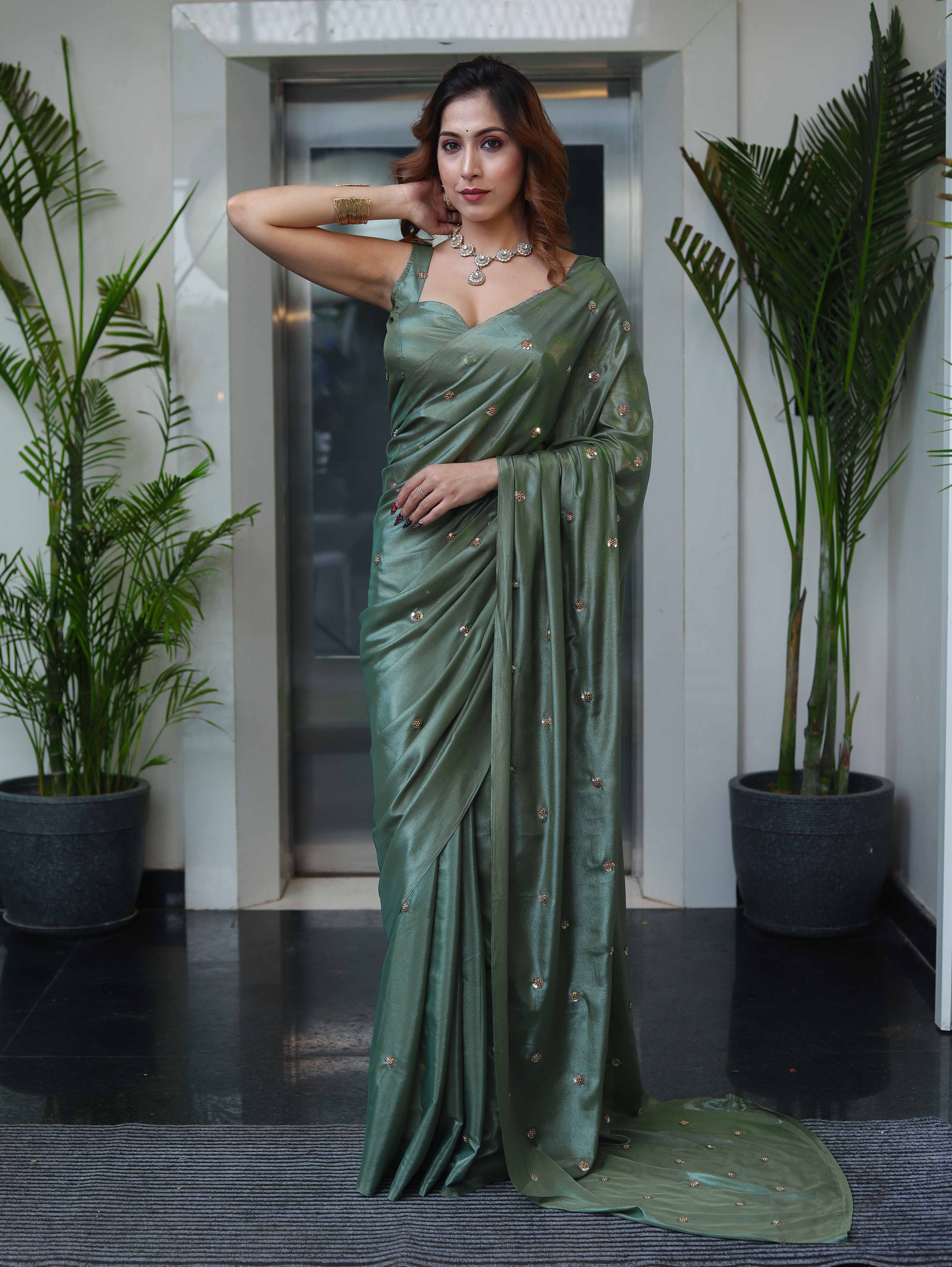 Banarasee Handwoven Semi Chiffon Saree With Buta Work-Olive Green
