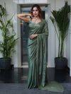 Banarasee Handwoven Semi Chiffon Saree With Buta Work-Olive Green