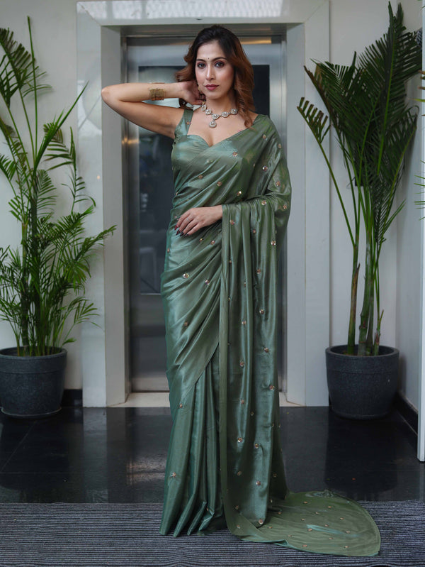 Banarasee Handwoven Semi Chiffon Saree With Buta Work-Olive Green