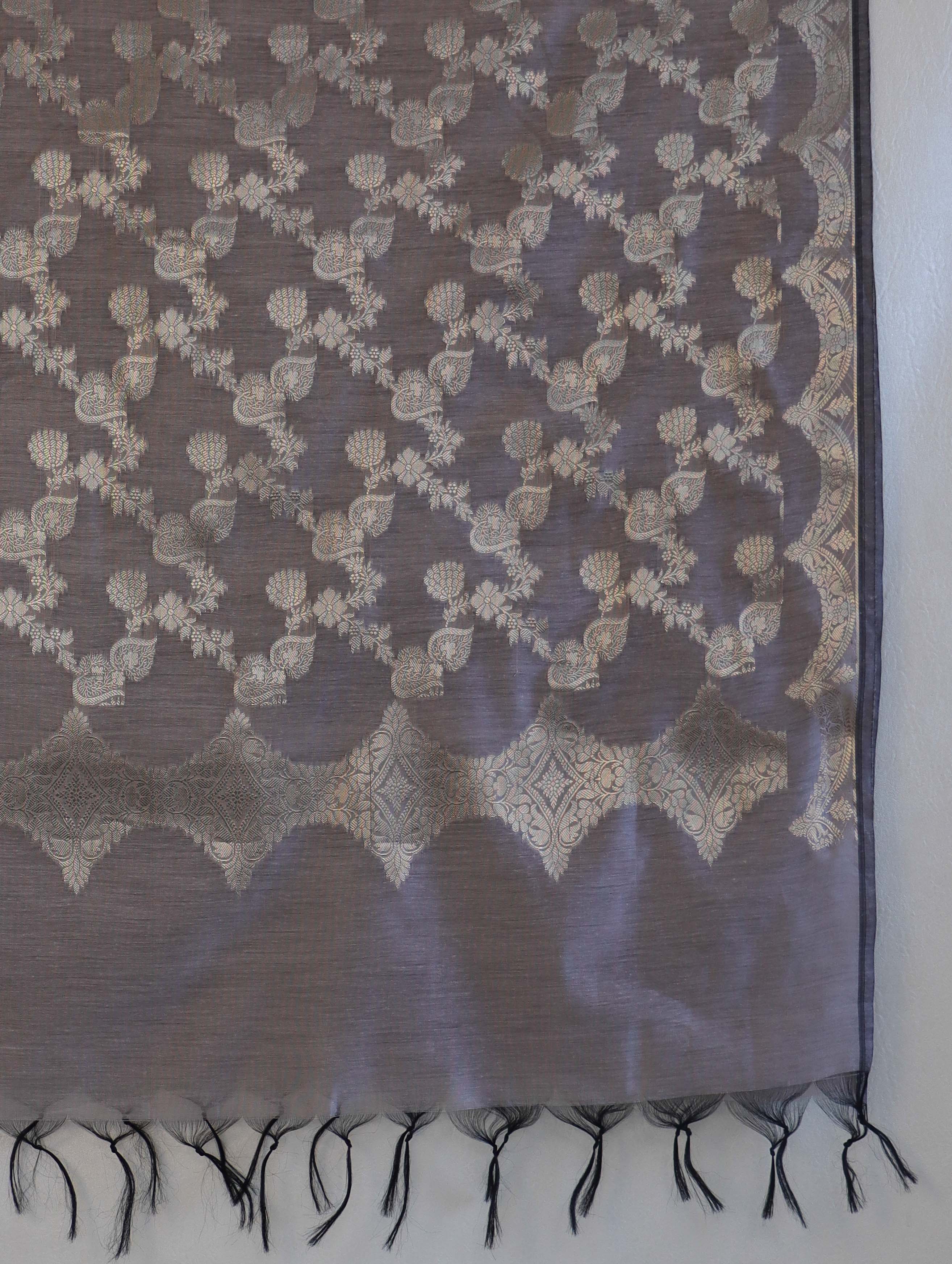Banarasee Cotton Silk Dupatta With Zari Jaal Design-Grey