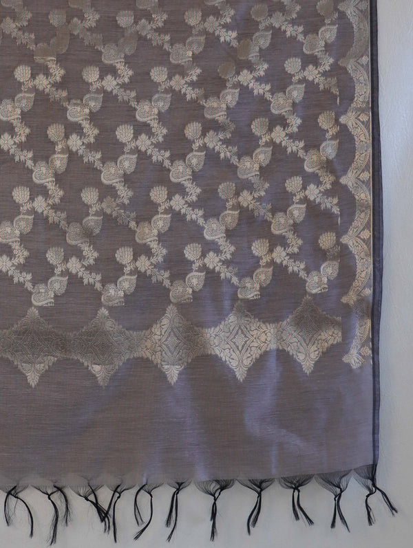 Banarasee Cotton Silk Dupatta With Zari Jaal Design-Grey
