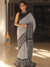 Handloom Mul Cotton Hand-Block Print Saree-Black & White