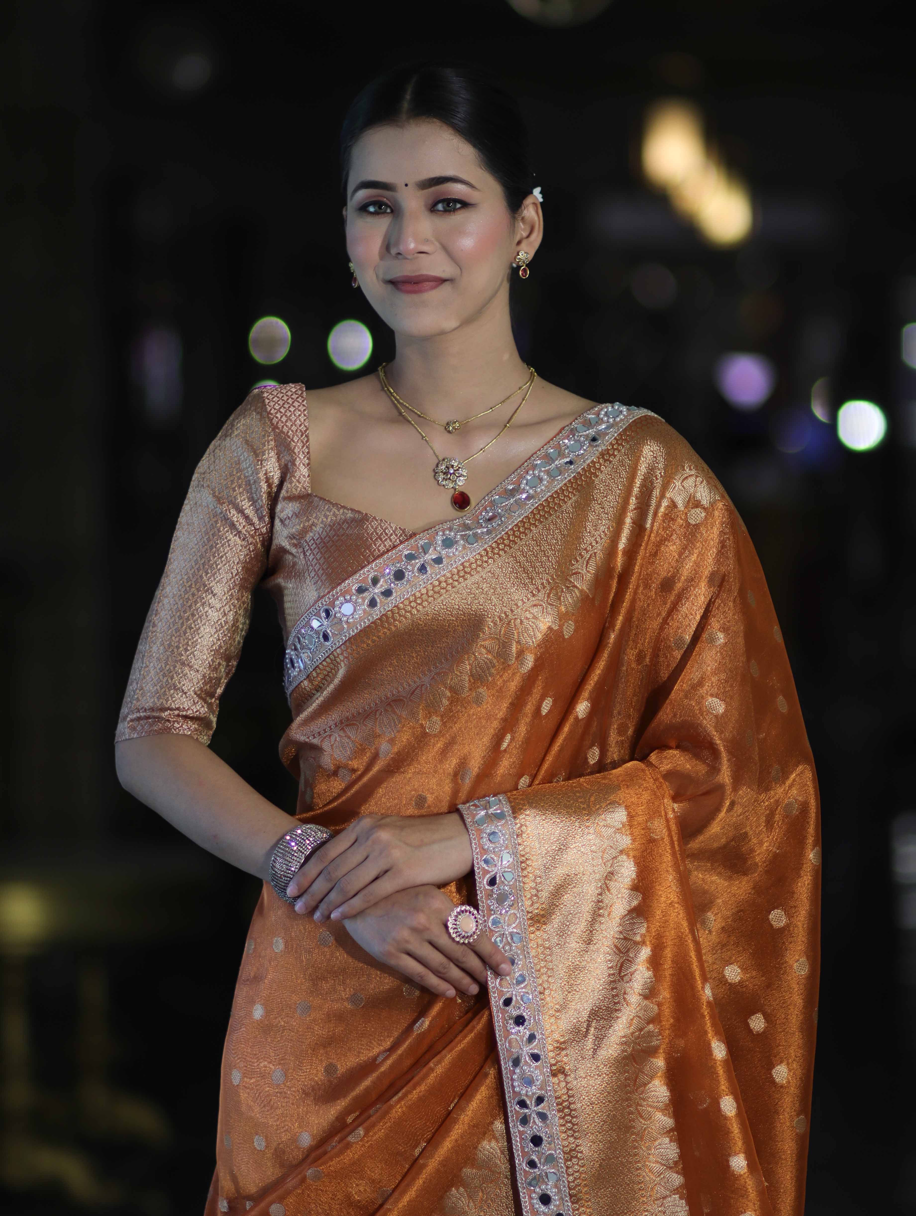Banarasee Handloom Tissue Saree With Buti Design Zari Border & Lace-Rust