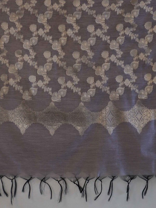 Banarasee Cotton Silk Dupatta With Zari Jaal Design-Grey