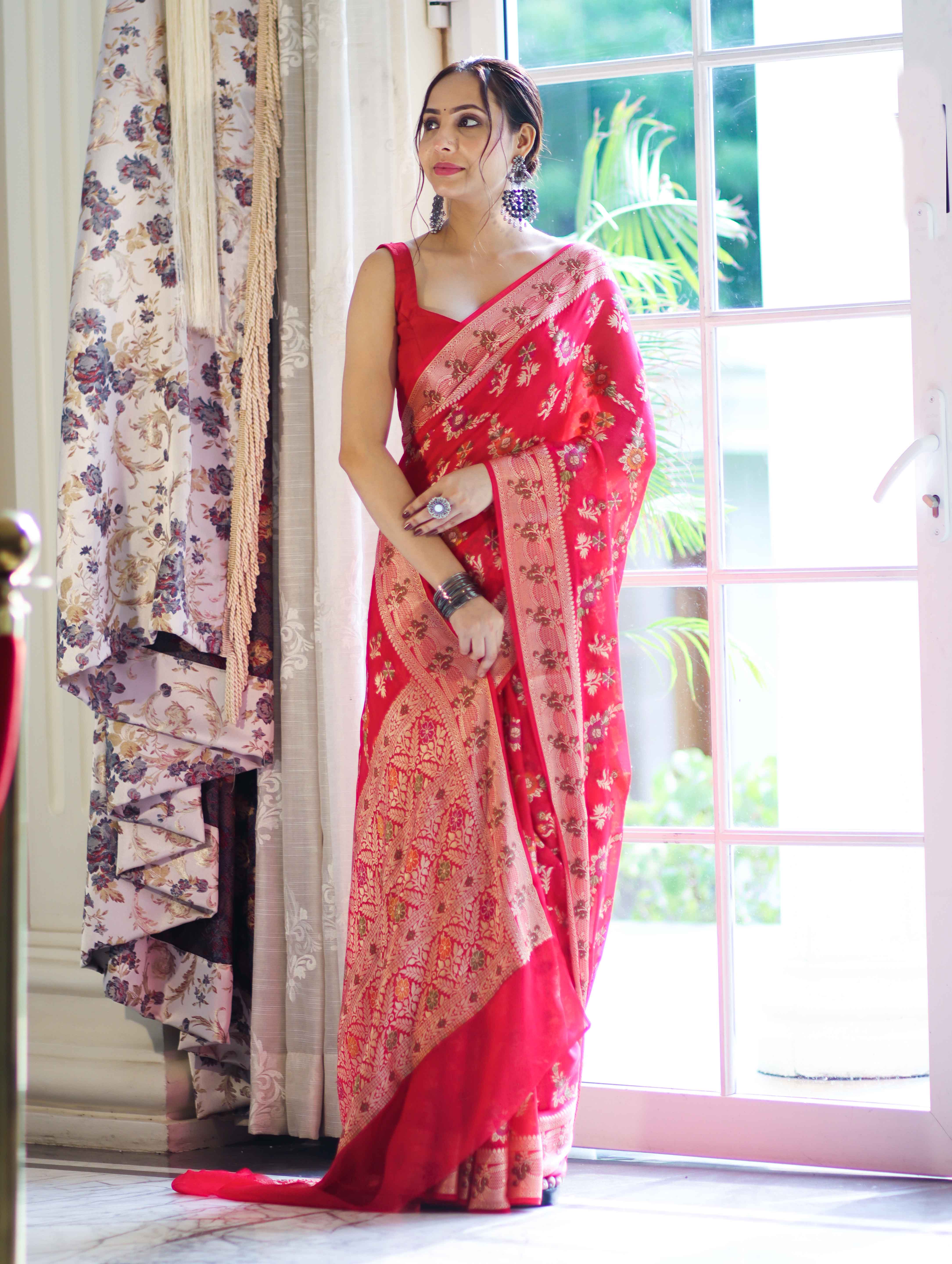 Banarasee Handloom Pure Chiffon Saree With Resham Work-Cherry Red