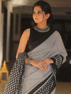 Handloom Mul Cotton Hand-Block Print Saree-Black & White