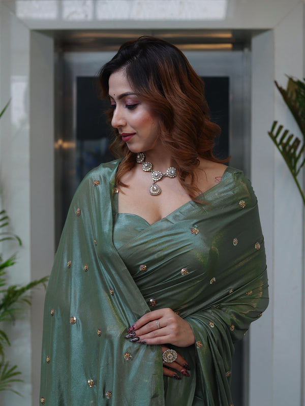 Banarasee Handwoven Semi Chiffon Saree With Buta Work-Olive Green
