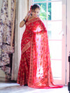 Banarasee Handloom Pure Chiffon Saree With Resham Work-Cherry Red