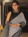 Handloom Mul Cotton Hand-Block Print Saree-Black & White
