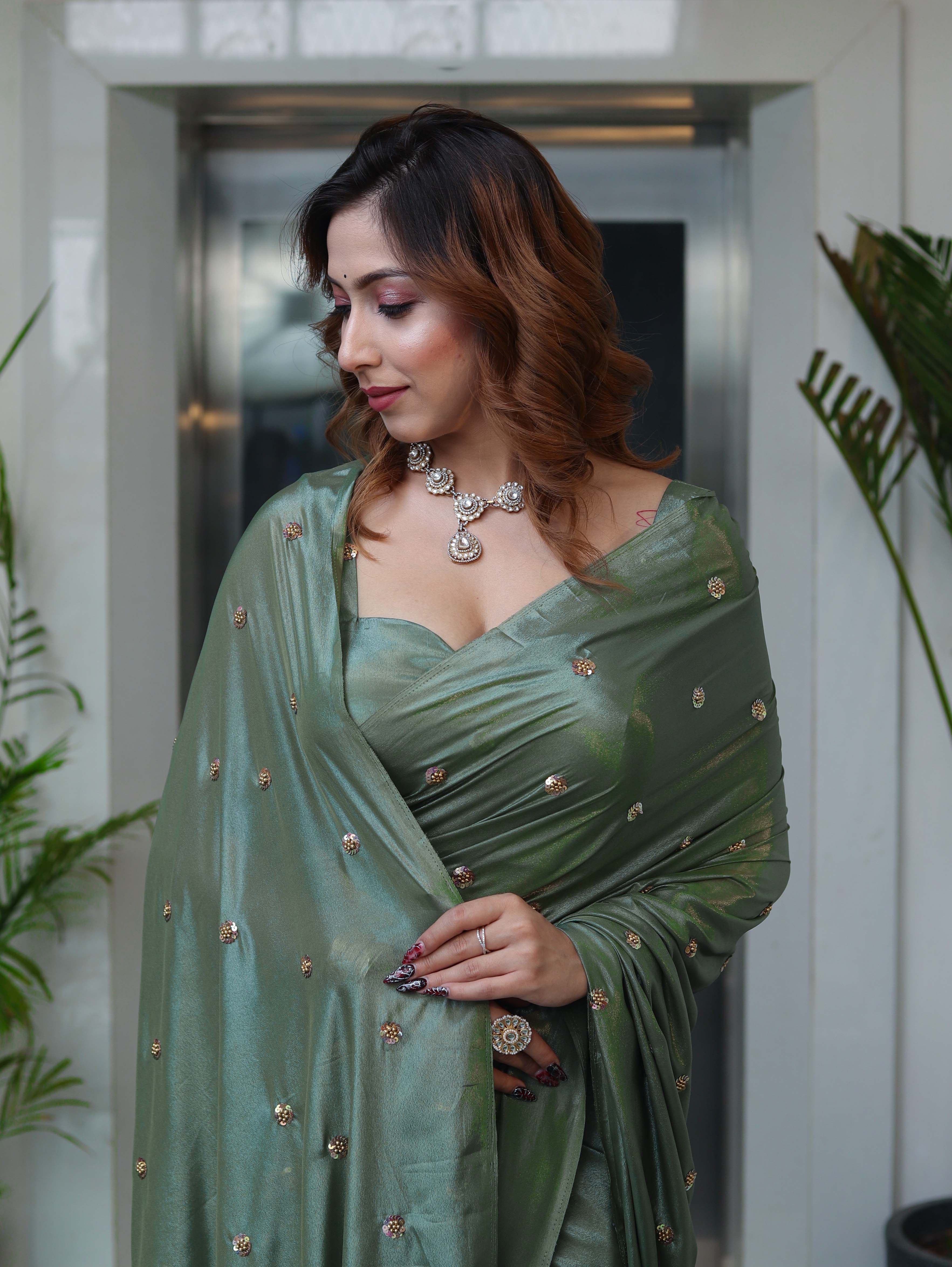 Banarasee Handwoven Semi Chiffon Saree With Buta Work-Olive Green