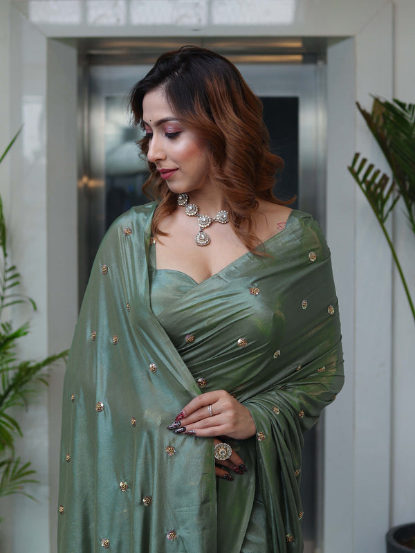 Banarasee Handwoven Semi Chiffon Saree With Buta Work-Olive Green