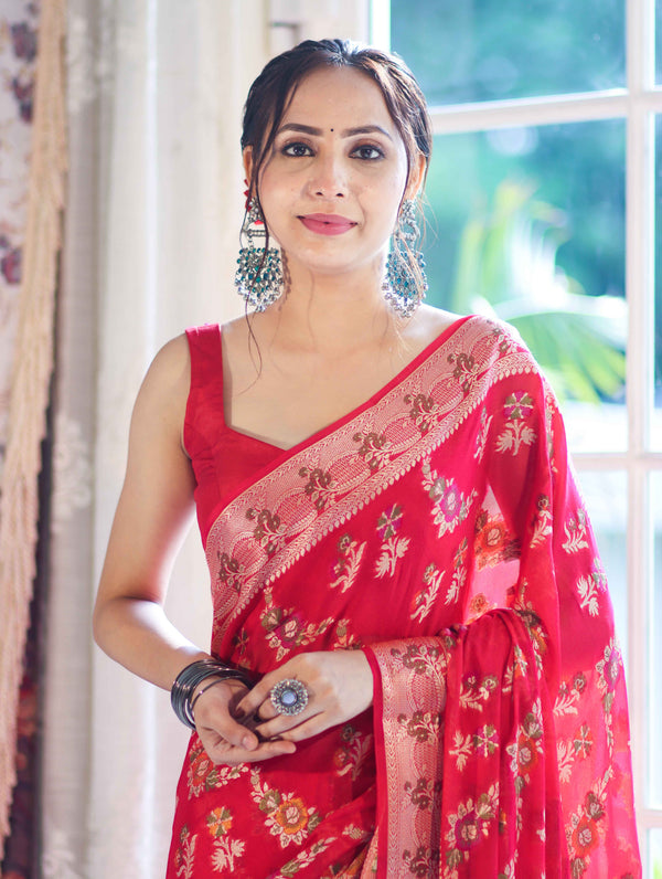 Banarasee Handloom Pure Chiffon Saree With Resham Work-Cherry Red