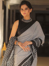 Handloom Mul Cotton Hand-Block Print Saree-Black & White