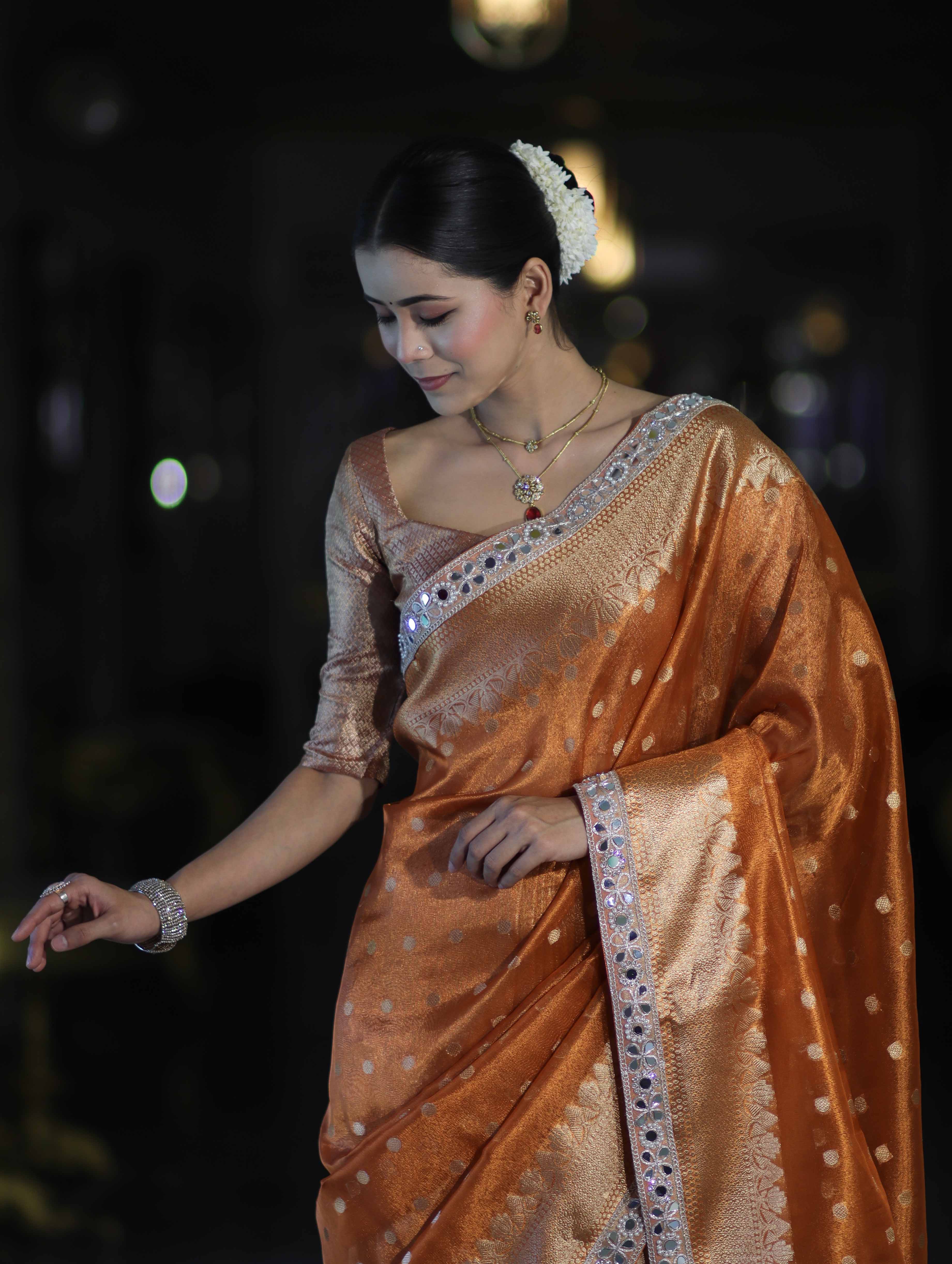 Banarasee Handloom Tissue Saree With Buti Design Zari Border & Lace-Rust
