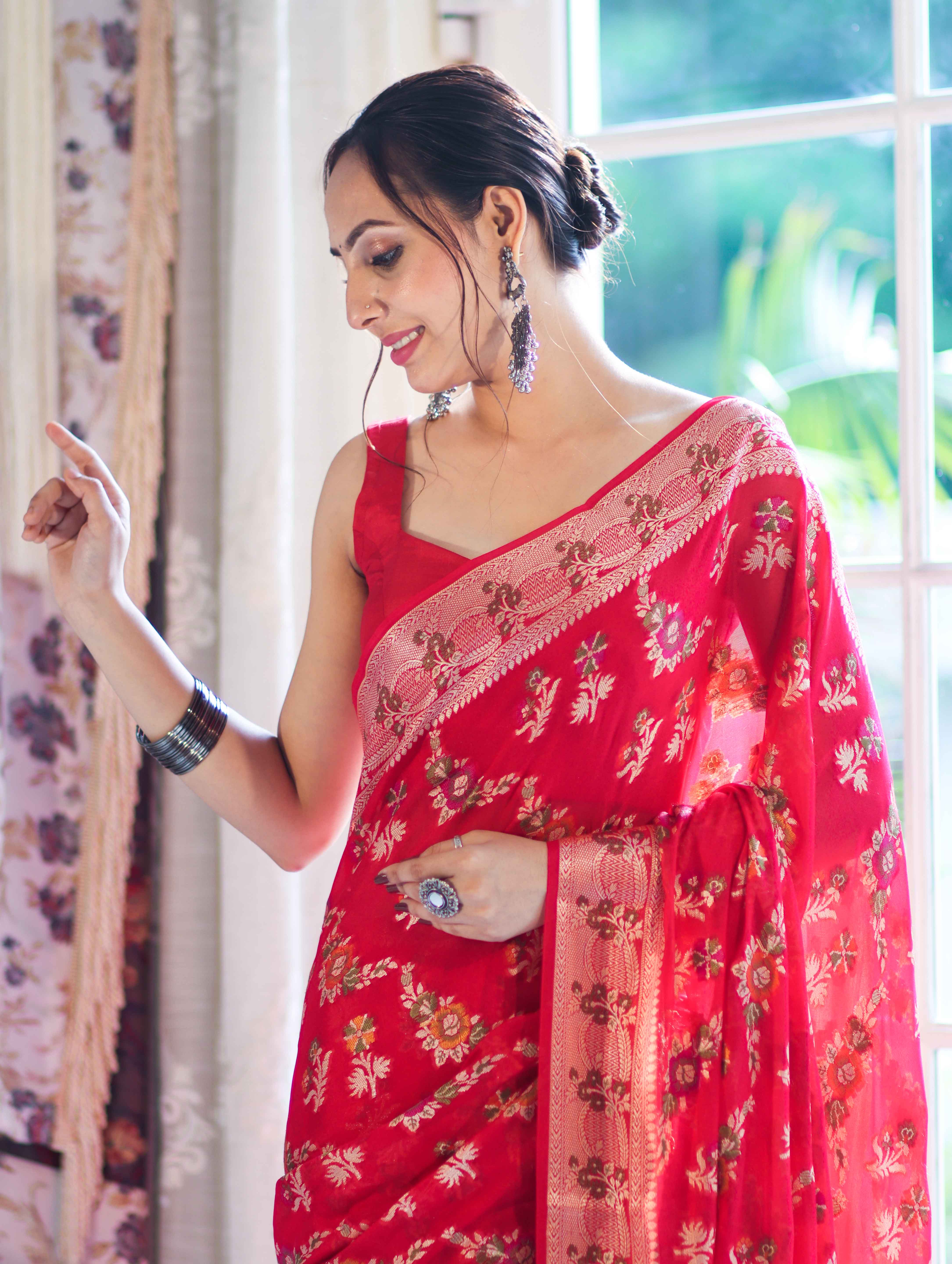 Banarasee Handloom Pure Chiffon Saree With Resham Work-Cherry Red