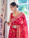 Banarasee Handloom Pure Chiffon Saree With Resham Work-Cherry Red