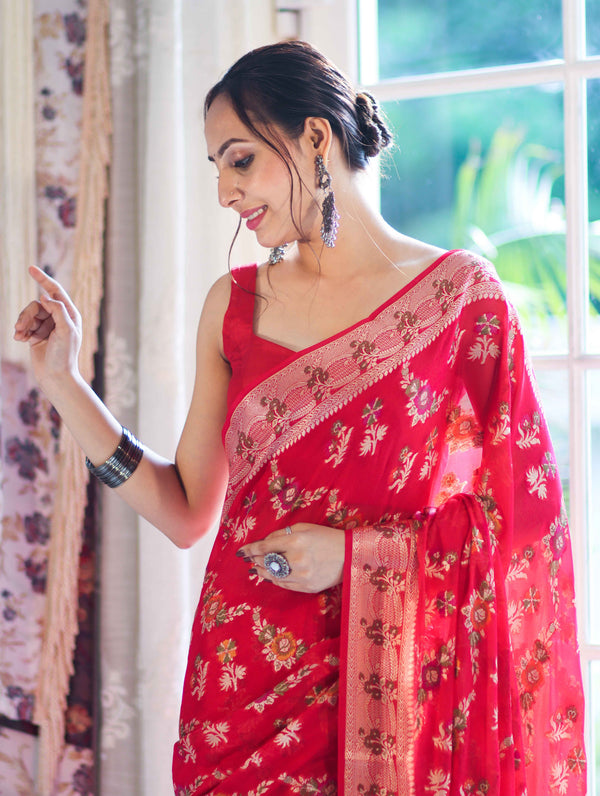 Banarasee Handloom Pure Chiffon Saree With Resham Work-Cherry Red