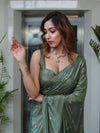 Banarasee Handwoven Semi Chiffon Saree With Buta Work-Olive Green