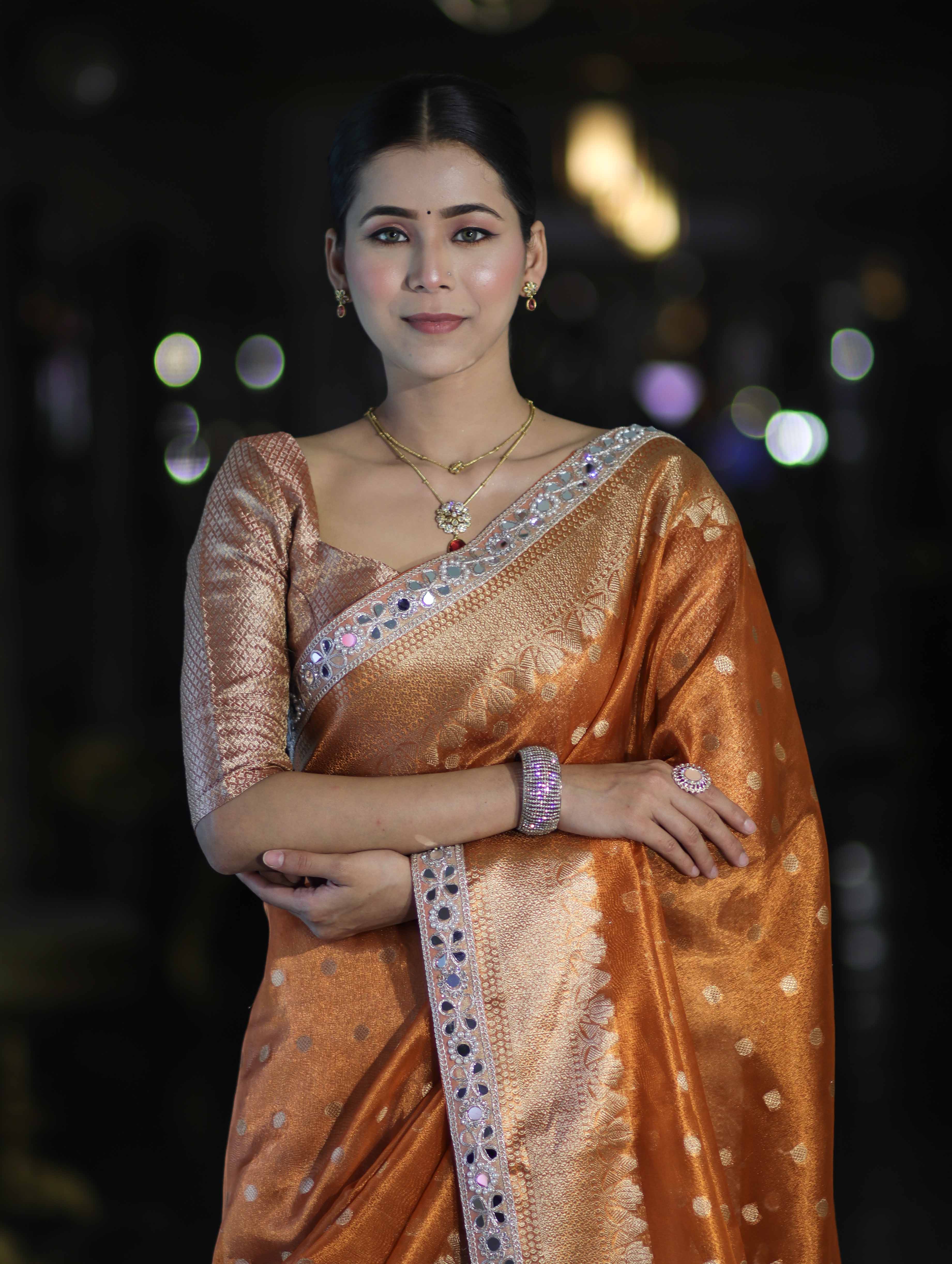 Banarasee Handloom Tissue Saree With Buti Design Zari Border & Lace-Rust