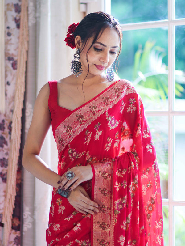 Banarasee Handloom Pure Chiffon Saree With Resham Work-Cherry Red