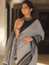 Handloom Mul Cotton Hand-Block Print Saree-Black & White