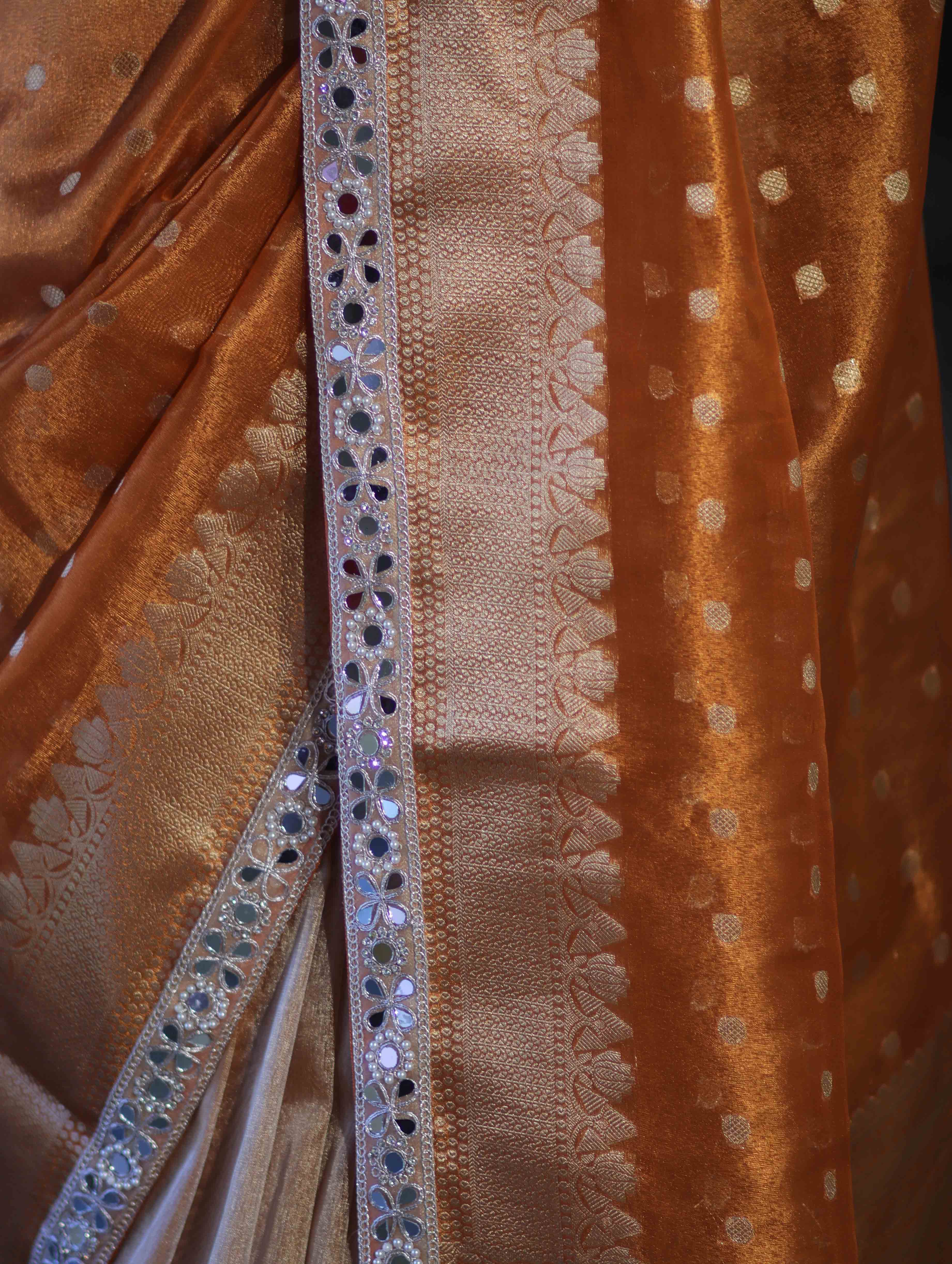 Banarasee Handloom Tissue Saree With Buti Design Zari Border & Lace-Rust