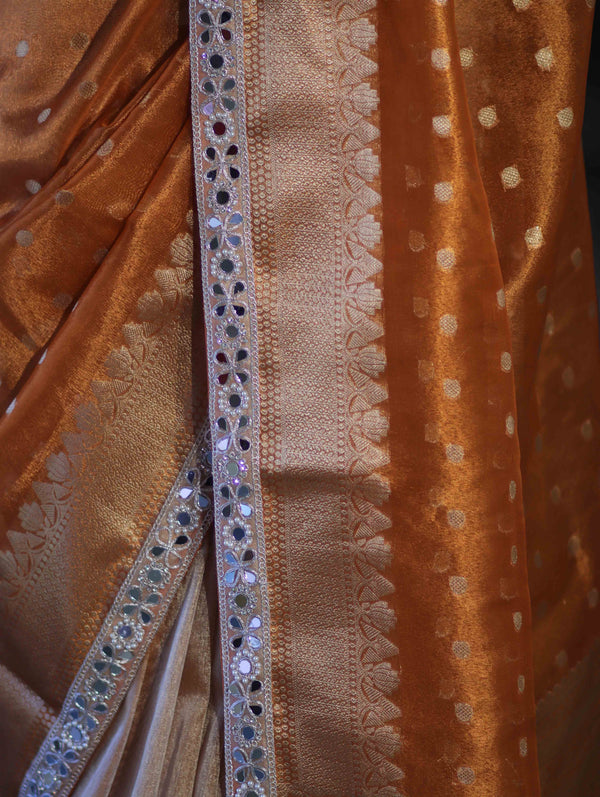 Banarasee Handloom Tissue Saree With Buti Design Zari Border & Lace-Rust