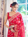 Banarasee Handloom Pure Chiffon Saree With Resham Work-Cherry Red