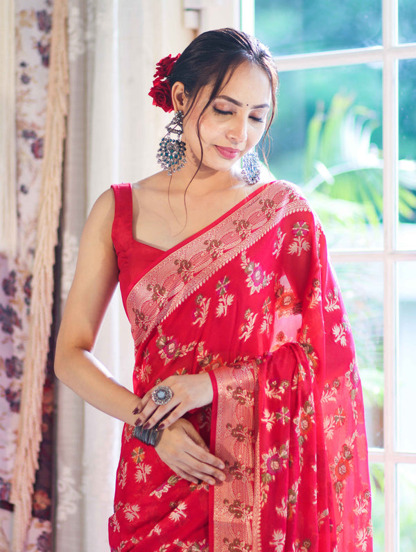 Banarasee Handloom Pure Chiffon Saree With Resham Work-Cherry Red