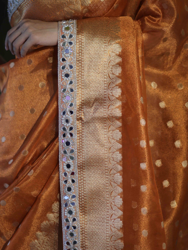 Banarasee Handloom Tissue Saree With Buti Design Zari Border & Lace-Rust