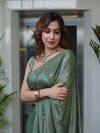 Banarasee Handwoven Semi Chiffon Saree With Buta Work-Olive Green