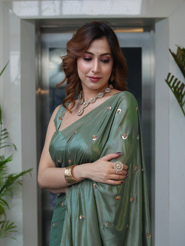 Banarasee Handwoven Semi Chiffon Saree With Buta Work-Olive Green