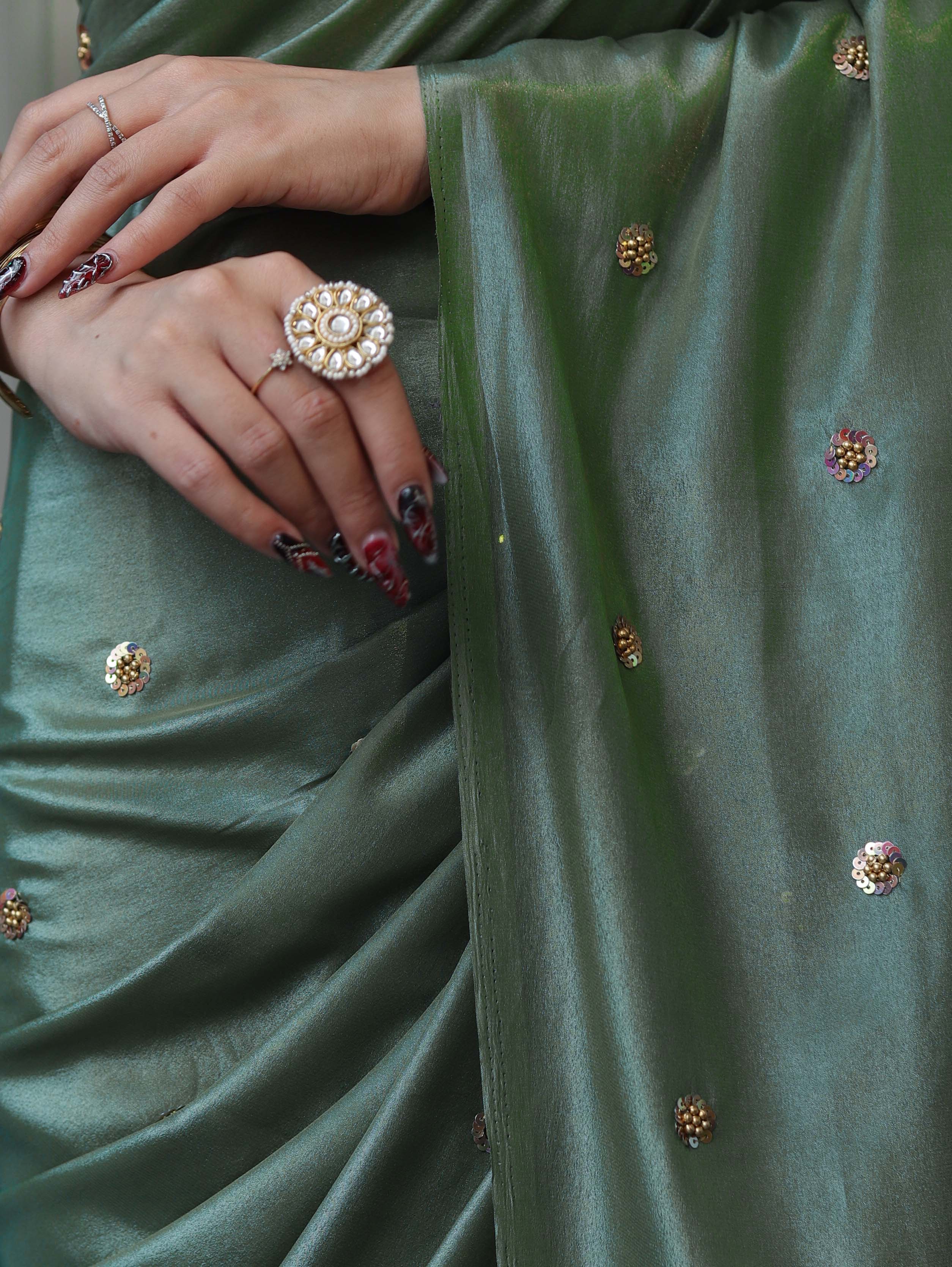 Banarasee Handwoven Semi Chiffon Saree With Buta Work-Olive Green