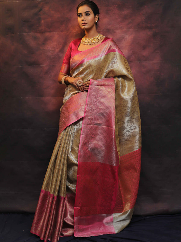 Banarasee Handwoven Broad Border Zari Jaal Design Tissue Saree-Gold & Pink