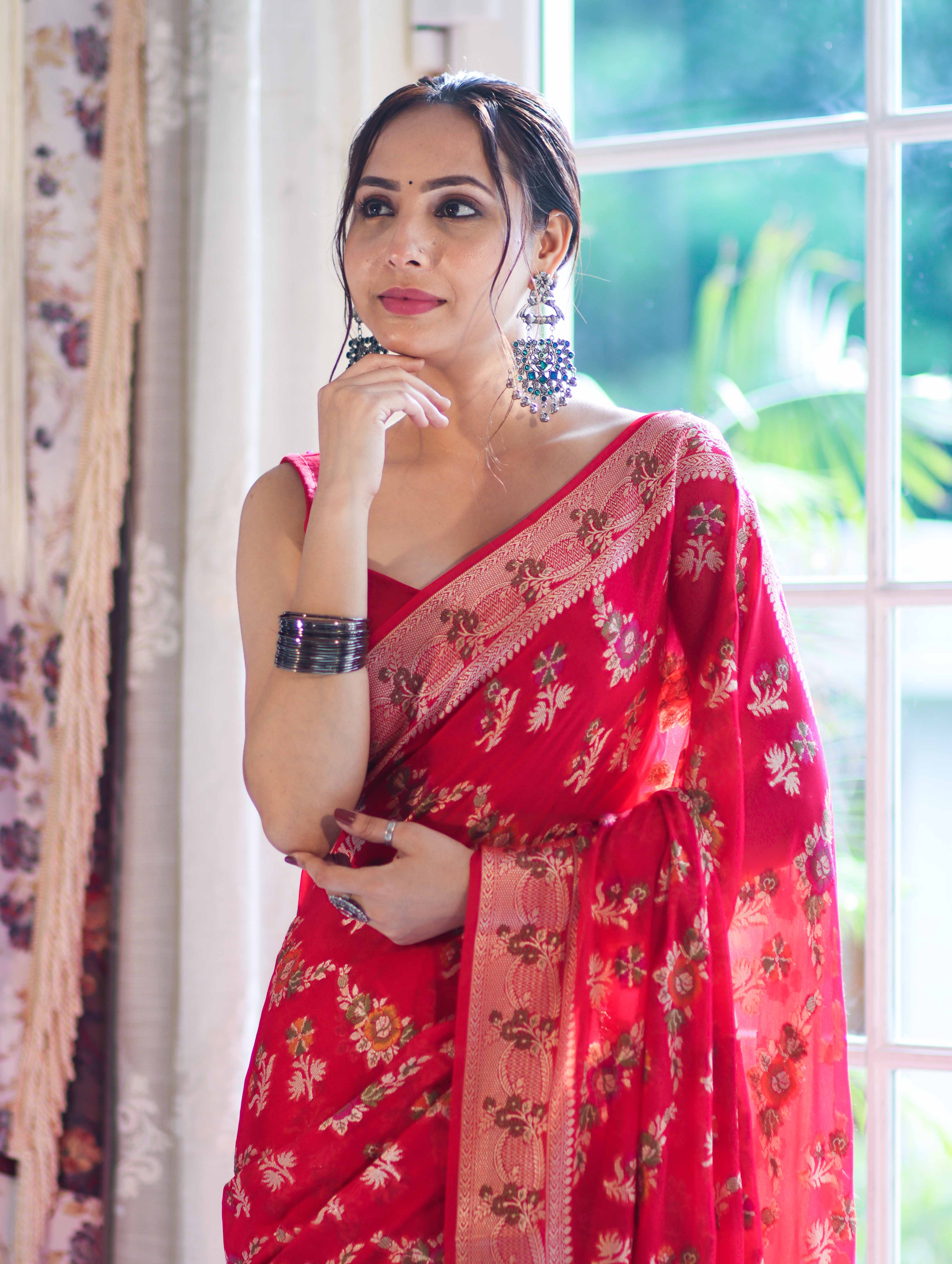 Banarasee Handloom Pure Chiffon Saree With Resham Work-Cherry Red
