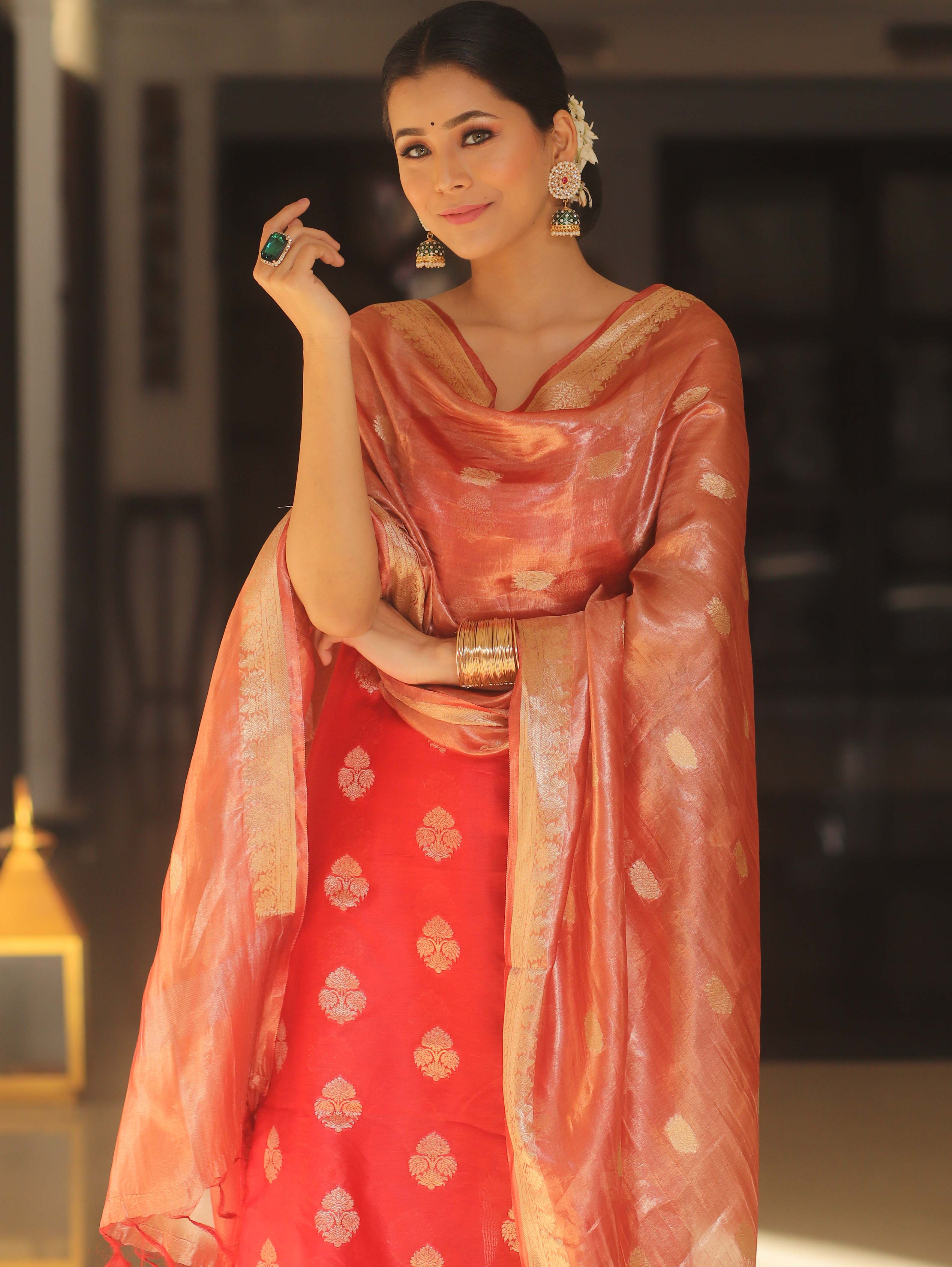 Banarasee Chanderi Zari Buti Salwar Kameez Fabric With Tissue Dupatta-Red