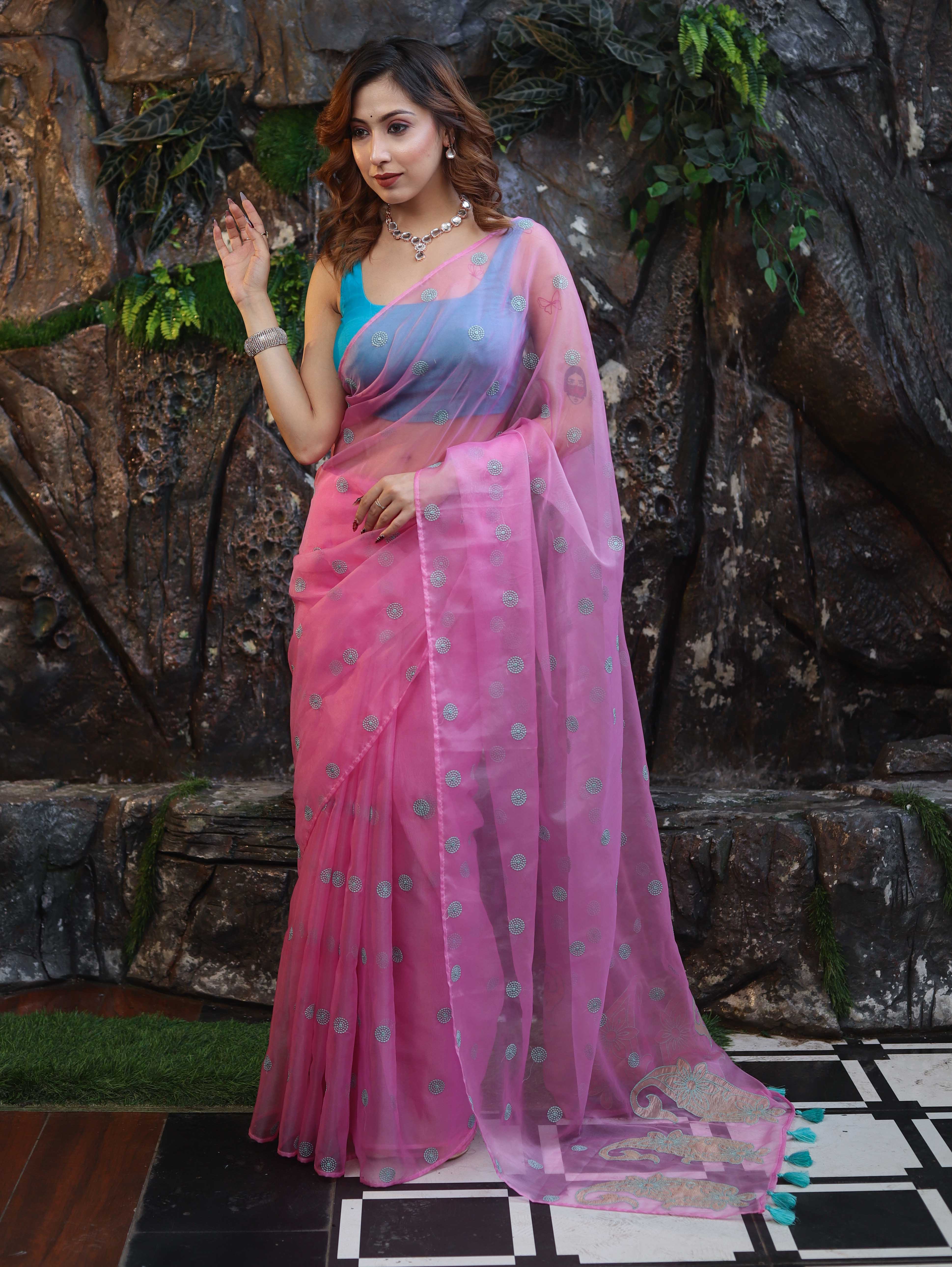 Banarasee Organza Mix Saree With Hand Embroidered Buta Work & Pallu-Light Pink