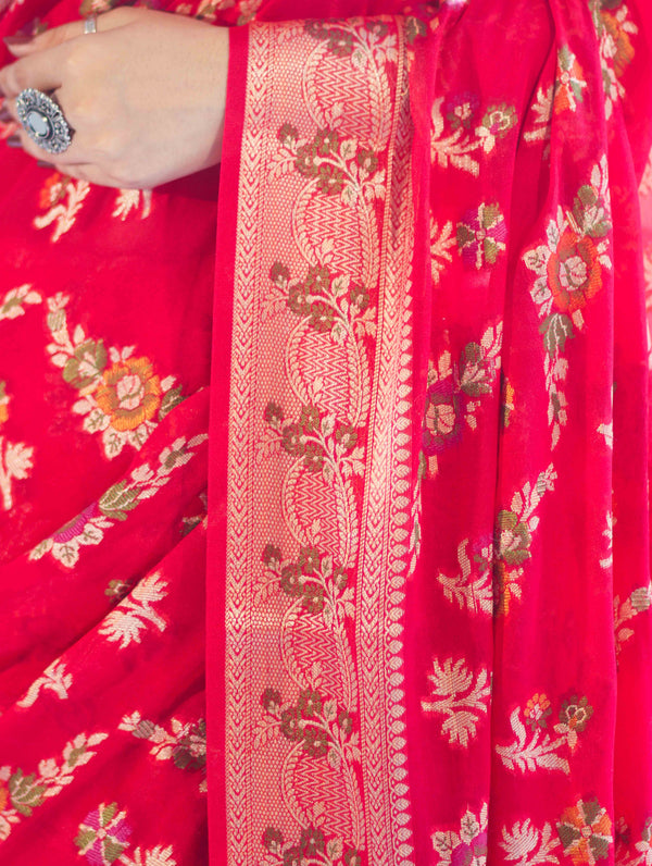 Banarasee Handloom Pure Chiffon Saree With Resham Work-Cherry Red
