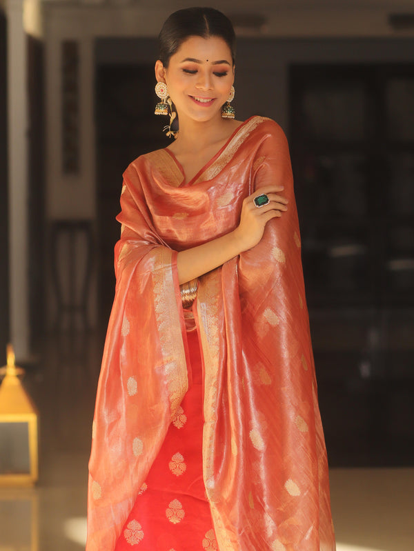 Banarasee Chanderi Zari Buti Salwar Kameez Fabric With Tissue Dupatta-Red