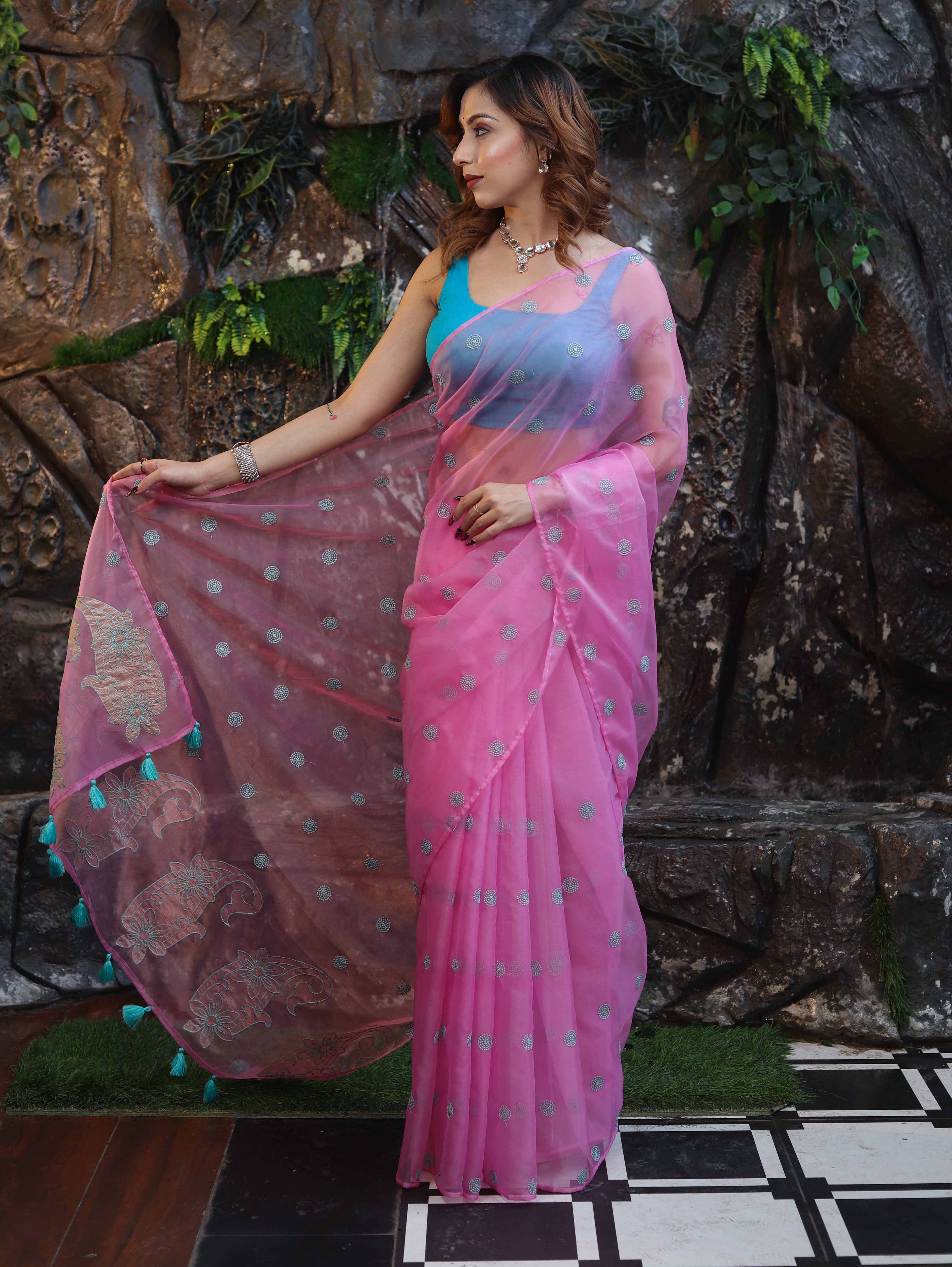 Banarasee Organza Mix Saree With Hand Embroidered Buta Work & Pallu-Light Pink