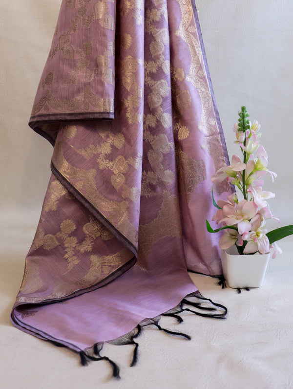 Banarasee Cotton Silk Dupatta With Zari Jaal Design-Light Pink