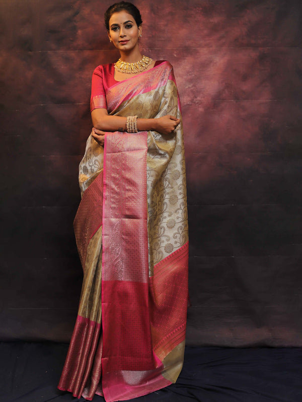Banarasee Handwoven Broad Border Zari Jaal Design Tissue Saree-Gold & Pink