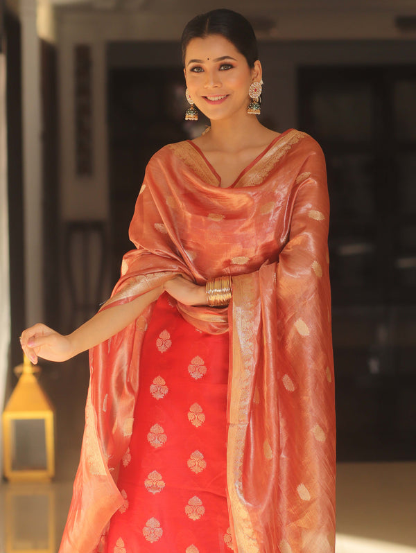 Banarasee Chanderi Zari Buti Salwar Kameez Fabric With Tissue Dupatta-Red