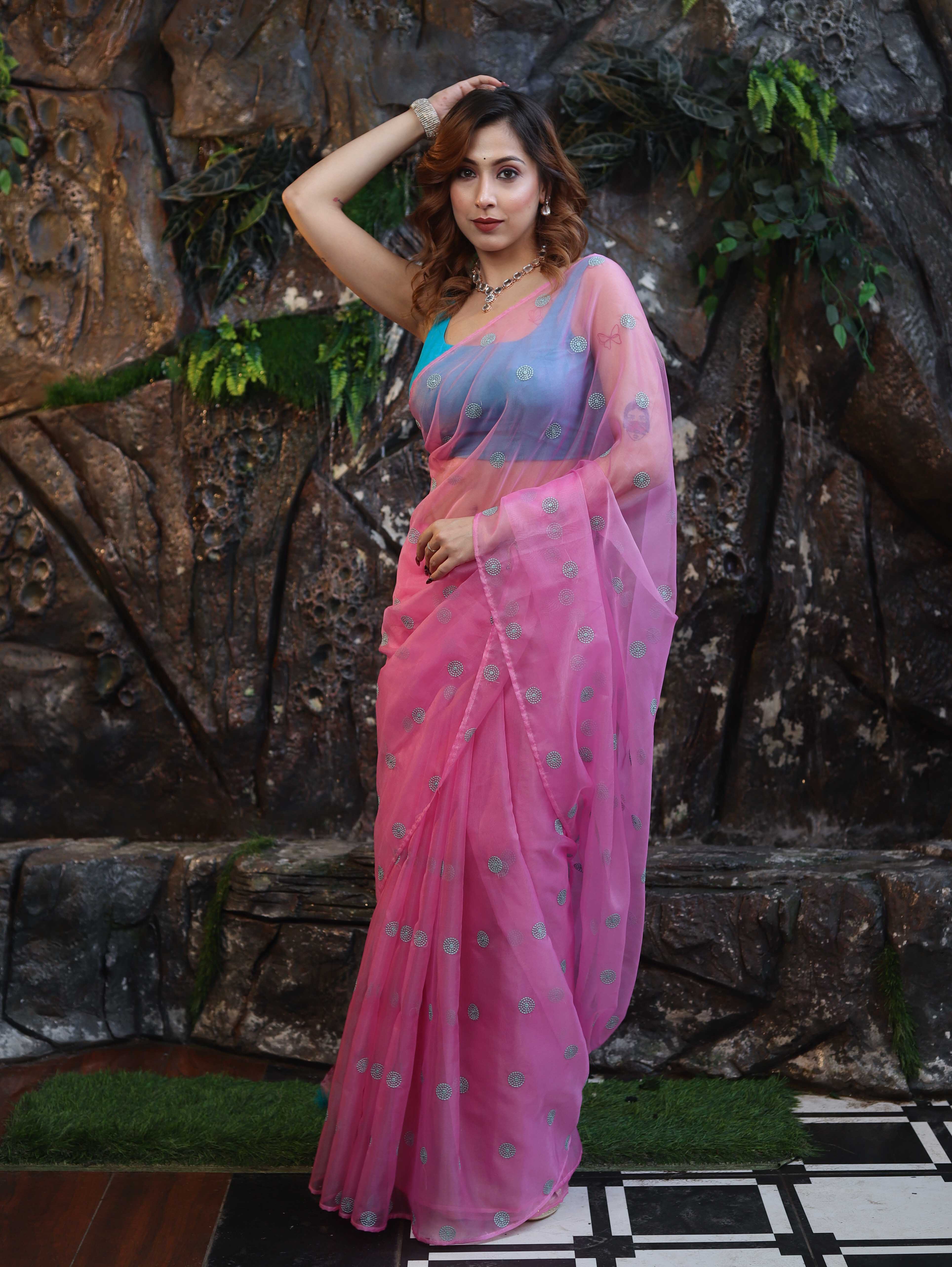 Banarasee Organza Mix Saree With Hand Embroidered Buta Work & Pallu-Light Pink