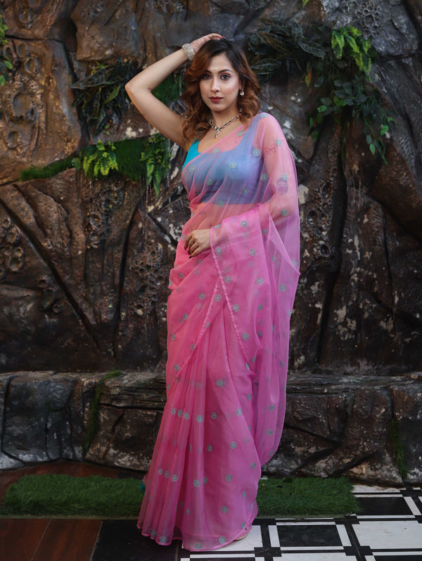 Banarasee Organza Mix Saree With Hand Embroidered Buta Work & Pallu-Light Pink
