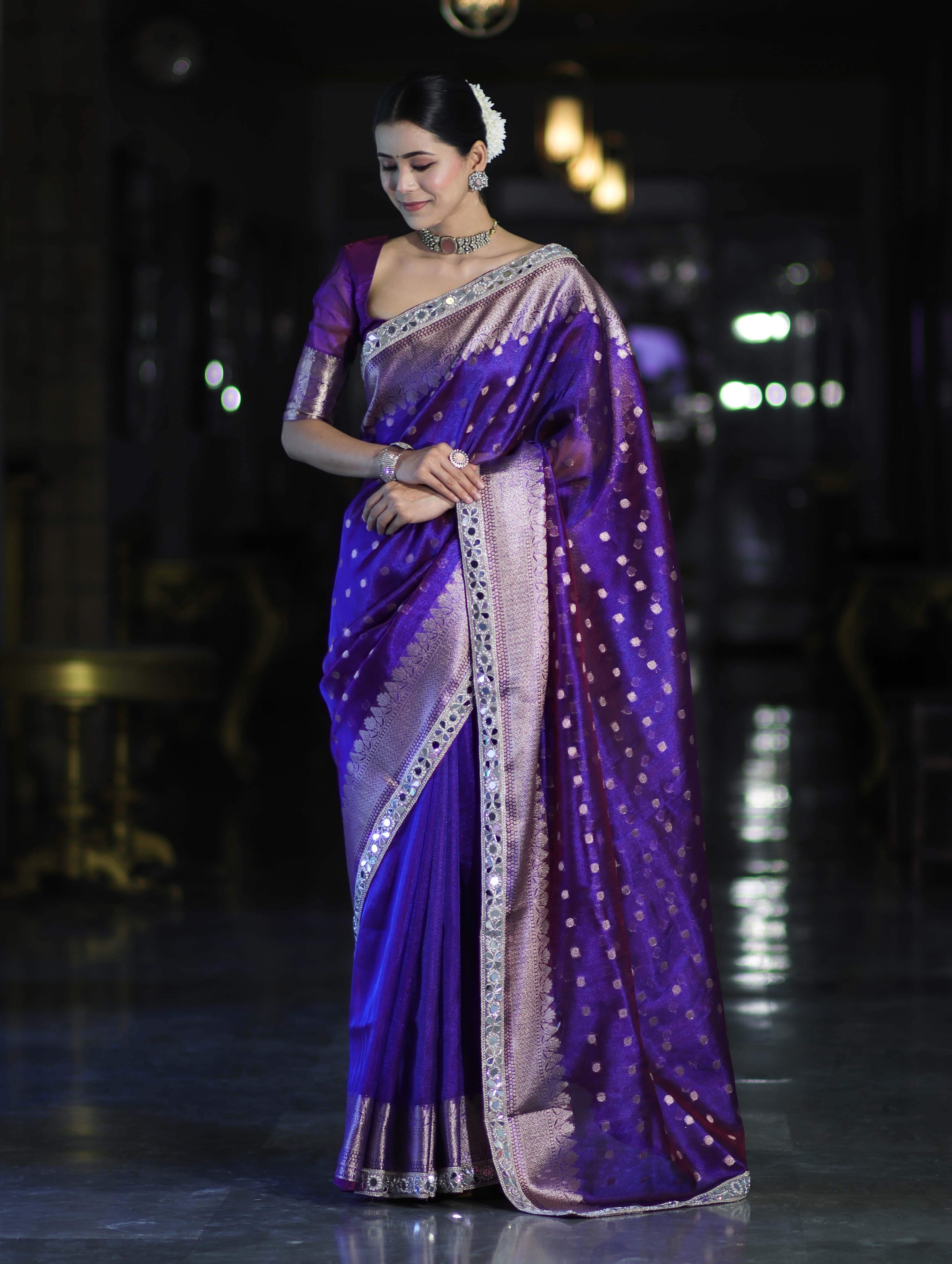 Banarasee Handloom Tissue Saree With Buti Design Zari Border & Lace-Violet