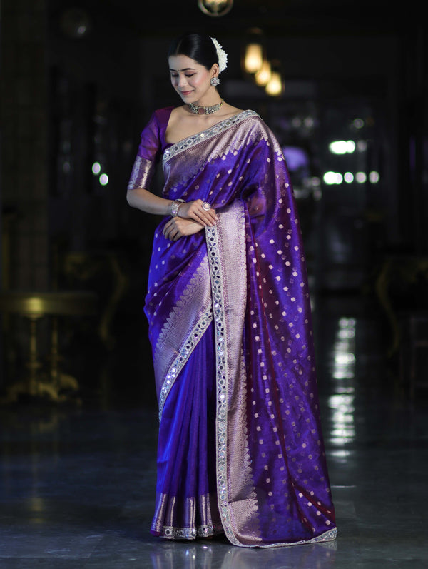 Banarasee Handloom Tissue Saree With Buti Design Zari Border & Lace-Violet